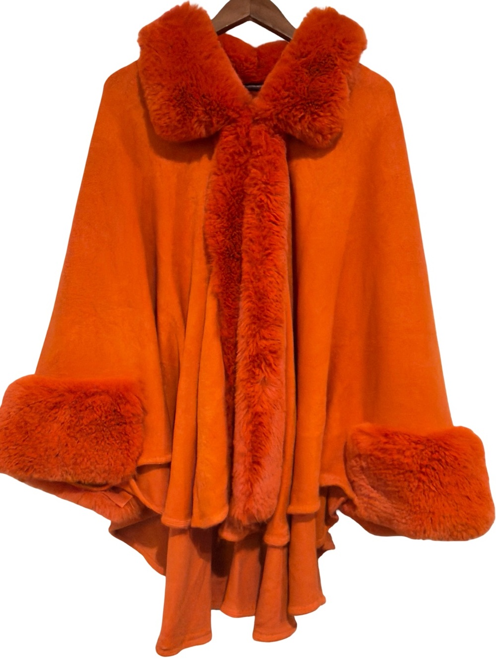 Women's Orange Faux Fur-Trim Poncho Sweater